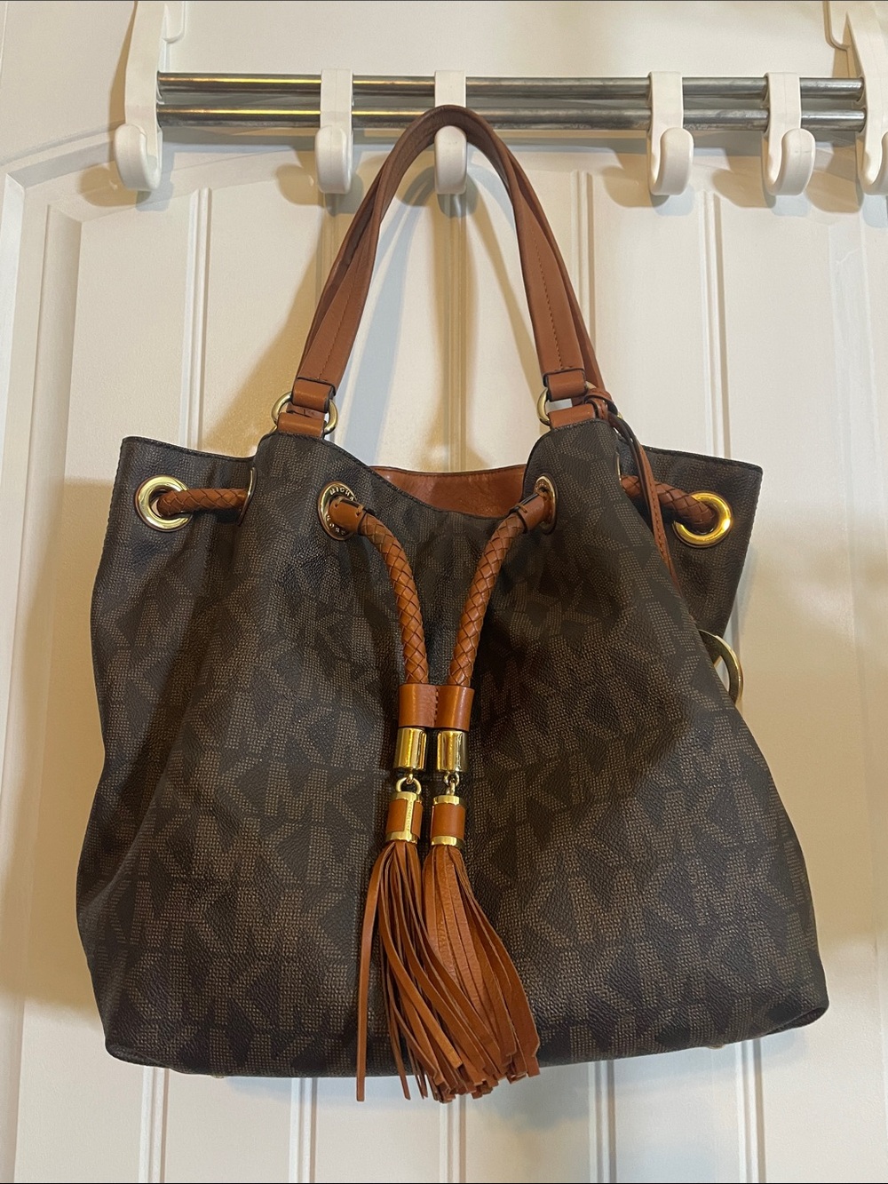 Michael Kors Brown & Tan Logo Tassel Drawstring Shoulder Bag